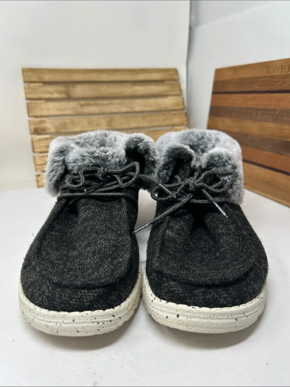 Hey Dude Black Lace-Up Faux-Fur Cuffed Boots